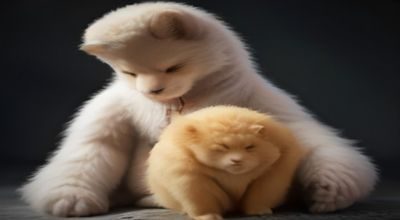 主人对着低头的小狗大声呵斥，狗狗身体蜷缩表现出明显恐惧，画面对比强烈说明惩罚式调教的负面效果